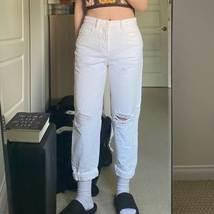 Alexander Wang High Waisted Straight Leg Distressed White Jeans in 25"